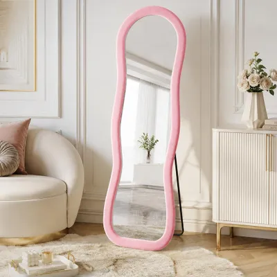 Productafbeelding van INONEFT Golvende staande spiegel, 160 x 50 cm, spiegel met hoge resolutie voor het hele lichaam, met metalen standaard, gehard glas, geschikt voor kleedkamers, roze