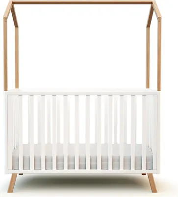 Produktbild von AT4 - Babybett hausbett Holz 60x120 KASA Weiß und lackierte Buche |Kinderbett | Gitterbett mit Lattenrost 3 Stufen Höhenverstellbar |Bett umbaubar zum Juniorbett