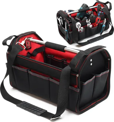 Wiltec Werkzeugtasche Größe L 33x18,5x25 cm, Werkzeugbeutel mit verstellbarem Schultergurt und Tragegriff, Innen- und Außenfächer, Aufbewahrungstasche