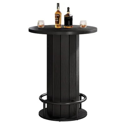Produktbild von Tribesigns runder Bartisch, 100 cm hoch, Bistrotisch aus Holz mit Metallring-Fußstütze für Essbereich, Kaffeebar, kleine Räume, Schwarz