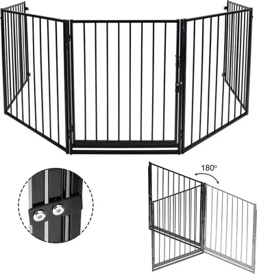 Produktbild von Jiubiaz Krbová bezpečnostná brána Kovová 300 x 76 cm skladacia bezpečnostná brána pre zvieratá 5 prvkov vrátane dverí Ohrádka Zábrana Mriežka Brána pre zvieratá Bezpečnostná brána do dverí