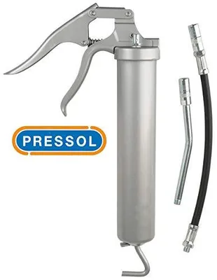 A product shot of a grease gun and its accessories on a white background.