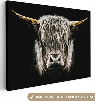 Produktbild von MuchoWow® - Leinwandbilder - Schottischer Highlander - Gold - Hörner - Schwarz und weiß - Kuh - Tiere, Wandbild, Wanddeko Bilder Wohnzimmer, 80x60 cm