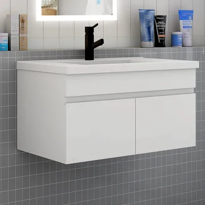 Produktbild von Badezimmer Badmöbel 80 cm Keramik Waschtisch mit Unterschrank Hängeschrank Badezimmerschränke Badschrank mit 2 Türen Weiß Matt