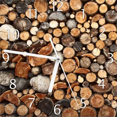 Produktbild von Wallario Design Wanduhr Dunkler Holzstapel rund aus Echtglas, Größe 20 x 20 cm