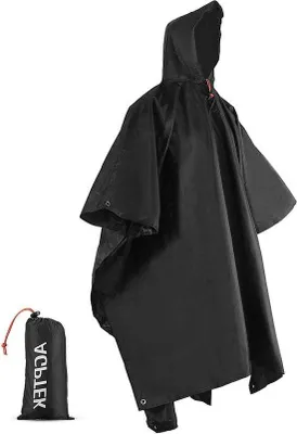 Produktbild von Famanu Regenponcho Wasserfest mit Kapuze für Herren und Damen - EVA Wanderregencape mit Tragetasche - Schwarz
