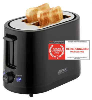 Produktbild von TZS First Austria Toaster, schwarz, 7 Stufen, Warmhalte- und Auftaufunktion, inkl. Krümelschale