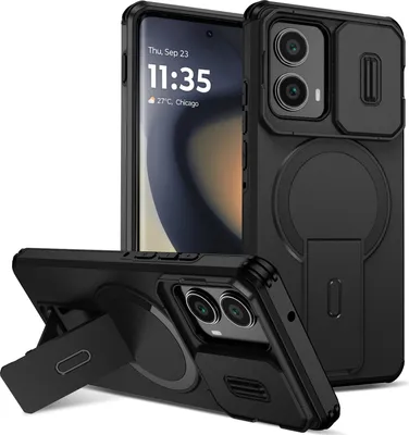 Obrázek produktu pro Magnetické pouzdro pro Motorola Edge 2024, dvouvrstvé odolné pouzdro s posuvnou ochranou fotoaparátu a nastavitelným stojánkem Černá