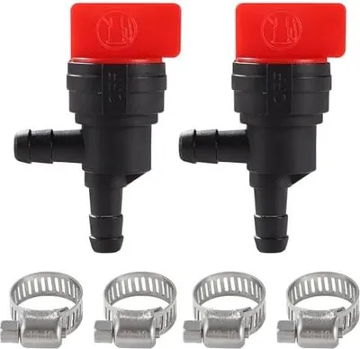 Produktbild von 2 Stücke 1/4 Zoll 90-Grad-Kraftstoff-Absperrventil, 6-8 mm Inline-Kraftstoffabsperrventilhahn aus Kunststoff, mit 4 Stücke Schlauchschellen, für Rasenmäher-Zubehör