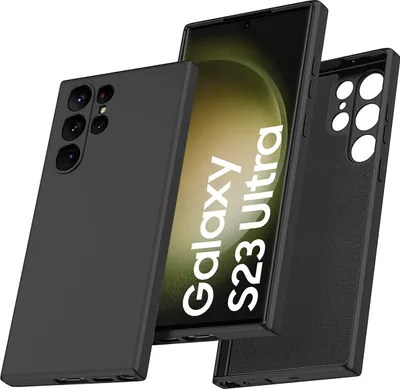 A black phone case is shown next to a Samsung Galaxy S23 Ultra phone.