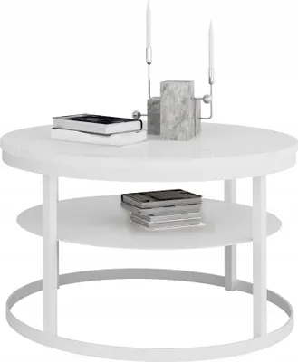 Zdjęcie produktu dla Okrągły Stolik Kawowy z Półką Do Salonu Loft Metal 75cm Biały+Biały Połysk
