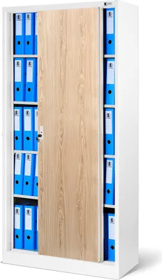 Obrázek produktu pro Kovová kartotéka s posuvnými dveřmi 4 police Práškový lak Uzamykatelná 185 cm x 90 cm x 40 cm Bílá / dub Sonoma