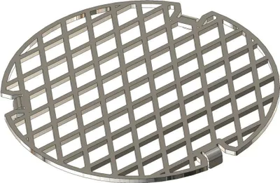 A 3D rendering of a round metal grill insert with a diamond pattern grid.
