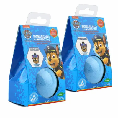 Produktbild von 2x Home-Flair Paw Patrol Badebombe - große Badekugel Chase - Blau - 170g Schaum-Effekt - VEGAN - mit Überraschungsanhänger