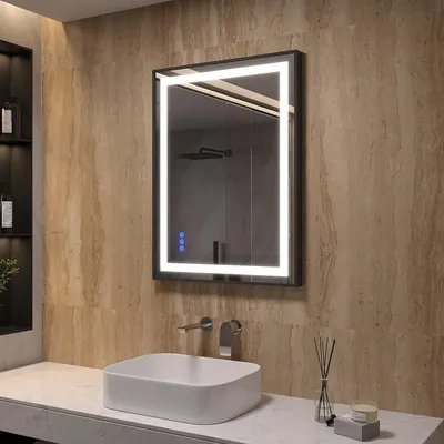 Produktbild von AQUABATOS Badspiegel 60x80cm, LED, dimmbar, Touch-Sensor (Memoryfunktion), Spiegelheizung, 3 Lichtfarben (3000K/4500K/6400K), Schwarzer Rahmen, Typ C, Wandmontage, für Bad, Wohnraum, Ankleideraum, IP44, Aluminium