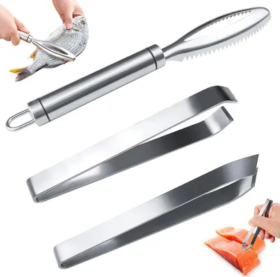Produktbild von Professioneller Fischschuppenentschupper aus Edelstahl 304, gezahnter Edelstahlschaber zum effizienten Entfernen von Fischschuppen + 2 Fischgrätenpinzetten