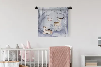 Produktbild von MuchoWow® Wandteppich Wandbehang Winter - Vogel - Hirsch 60x60 cm Tapisserie Dekoration Wandtuch - Dekorationen - Wand Decke