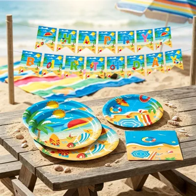 Productafbeelding van Strandfeest borden en servetten voor zwembadverjaardag en zomerfestivals