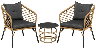 Produktbild von Rattan Gartenmöbel-Set 3-teilig – PE-Rattan Sitzgruppe mit Couchtisch & 2 Sesseln – Wetterfestes Balkonmöbel-Set inkl. Kissen & verstellbaren Fußpads – Sand/Dunkelgrau