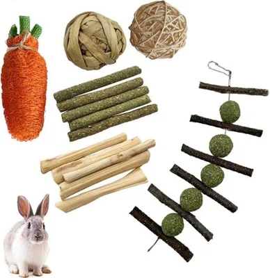 Obrázek produktu pro 6PCS hlodavců žvýkací hračky Set, Bunny Treats a míč Timothy Hay Stick Toy pro králíka králík morče činčila křeček