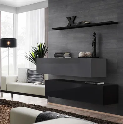 Produktbild von Wohnwand Wohnzimmer Schrankwand Modern Schwarz Holz Schrank Wand Regal