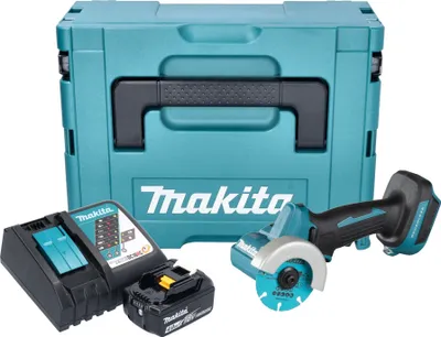 A cordless angle grinder kit with a storage case, battery, and charger.