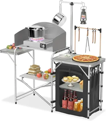 Produktbild von Campingschrank faltbar, Campingküche mit Aluminiumgestell und Spritzschutz, Reiseküche Camping Küchenschrank, ca. (L) 146 cm x (B) 46 cm x (H) 141 cm
