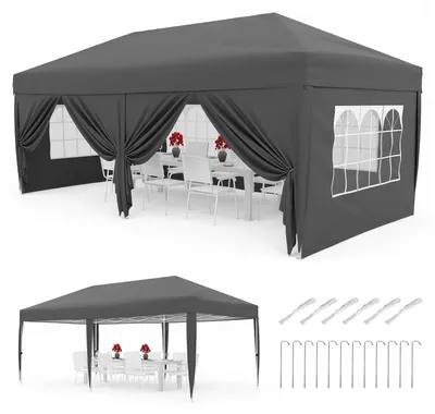 Image de Tente pliante Pop Up 3 x 6 m - Tente de réception imperméable en Oxford 420D - Structure en acier - Hauteur réglable - Avec 6 parois latérales - Gris