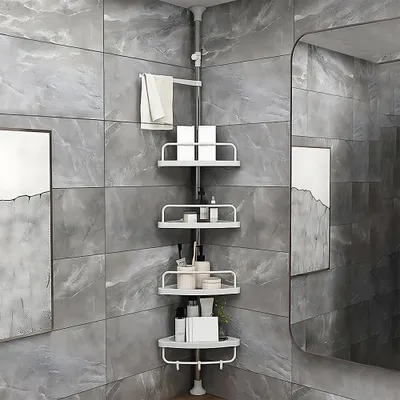 Image de Étagère d'angle de douche réglable en hauteur, avec 4 paniers et 1 porte-serviettes, pour baignoire et salle de bain, 1 pièce