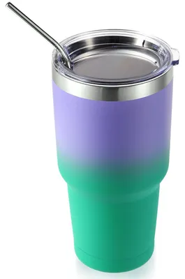 Productafbeelding van Isolatiebeker met deksel en rietje - Dubbelwandig voor warme en koude dranken - 900 ml - Lila-groen