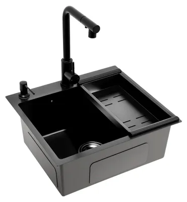 Produktbild von Schwarzes Spülbecken 50 x 45 cm, Edelstahl Küchenspüle mit ausziehbarem Wasserhahn, Abtropfkorb und Seifenspender, multifunktionale eckige Spüle, 1 Becken