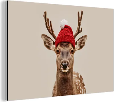 Produktbild von MuchoWow Wanddekoration Metall Metallbild Wandkunst 120x80 cm Hirsch - Weihnachten - Hut - Tiere - Winter - Lustig MuchoWow Aluminium Gemälde - Alu Bild