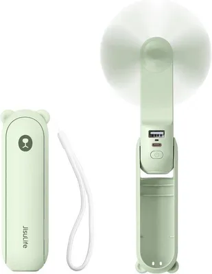Image de Mini ventilateur portable 3-en-1 avec batterie externe, autonomie de 12 à 19 heures, éclairage LED, couleur vert clair