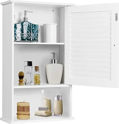 Produktbild von GOPLUS Badezimmerschrank Hängend mit Lamellentür und offenem Einlageboden Wandschrank Medizinschrank 42x17x70 cm Weiß