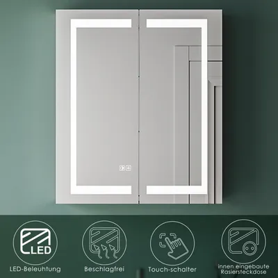 Produktbild von SONNI 60x70x13cm Edelstahl Flügeltür LED-Beleuchtung Spiegelschränke mit Dual Touch Schalter+Antibeschlag Schalter mit Rasiersteckdose