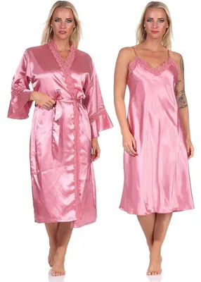 Produktbild von Damen 2 Teiler Kimono Negligé Nachtmantel Satinrobe mit Spitze; Altrosa/M/38