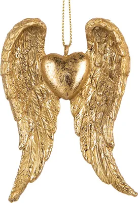 A gold-colored Christmas ornament shaped like angel wings with a heart in the center, hanging from a chain.