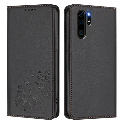 Obrázek produktu pro Kožené pouzdro pro Huawei P30 Pro, motýlí ražbou, peněženkové flip pouzdro se stojánkem Černá