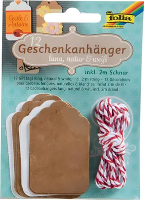 Produktbild von folia Geschenkanhänger lang natur & weiß 12 Stück + 1 Schnur