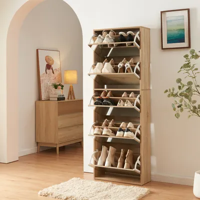 Produktbild von Schuhkipper 'Lund' mit 5 verspiegelten Klappen 169 x 60 x 24 cm Sonoma-Eichenoptik