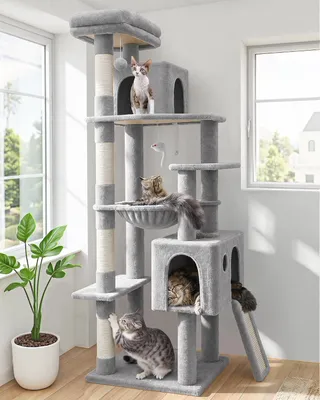 Productafbeelding van Krabpaal voor katten - hoekmodel 180 cm - met 2 kattenhuizen en hangmat en sisal krabzuilen - voor 2 tot 4 katten