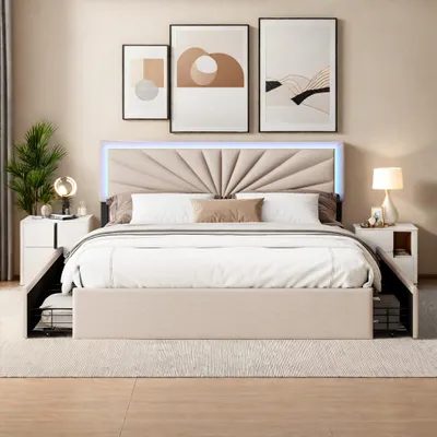 Obrázok produktu pre Čalúnená posteľ Fortuna Lai 160x200 cm, výškovo nastaviteľné čelo, 4 zásuvky, LED, ľan, béžová