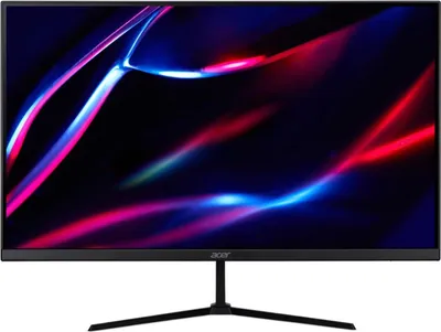 A black computer monitor with a colorful abstract image displayed on its screen, shown from the front on a black stand.