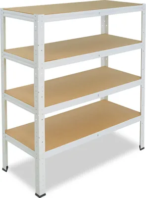 A white metal shelving unit with four wooden shelves, shown from a slightly angled front view against a white background.
