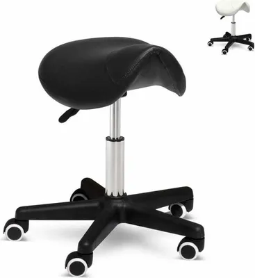 A black saddle stool is shown in the foreground, with a white saddle stool in the background.