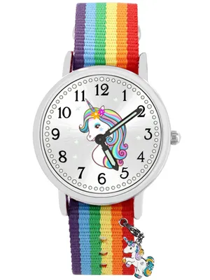 Produktbild von Kinder Armbanduhr Mädchen Einhorn Schmuckset leuchtet im dunkeln wasserdicht Regenbogen 920
