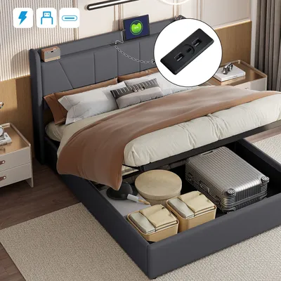 Produktbild von CDGlobal Polsterbett 140x200 mit USB und Typ C, Boxspringbett mit Lattenrost, Jugendbett , Hydraulisches Stauraumbett Doppelbett, Leinen, Grau