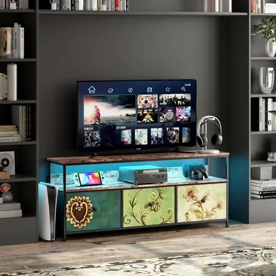 Produktbild von TV-Schrank, Lowboard für Fernseher, Fernsehschrank mit RGB-LED-Leuchten, 137 cm lang, Fernsehtisch mit 3 Schubladen, offenen Fächern, 29.8 x 137 x 56 cm, Wohnzimmer, Stahlgestell