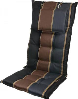 A floor cushion with a high backrest, striped in black, brown, and tan.