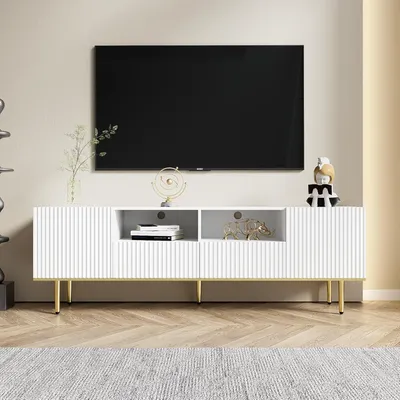 Immagine prodotto di Mobile TV Fortuna Lai con 2 armadietti, 2 vani a giorno e 2 cassetti, credenza TV moderna, mobile TV per TV 60-69 pollici, 165 x 36 x 55 cm, bianco